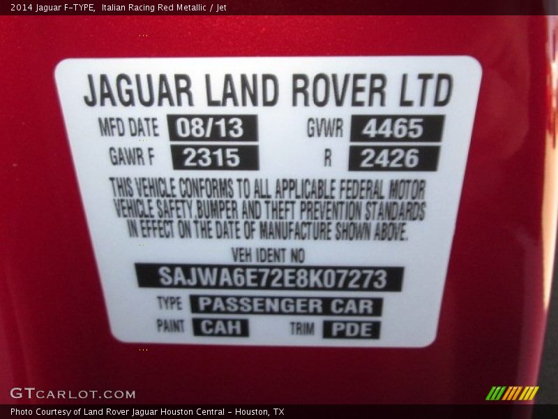 2014 F-TYPE  Italian Racing Red Metallic Color Code CAH