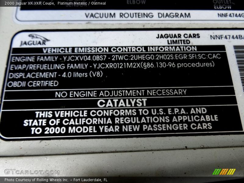 Info Tag of 2000 XK XKR Coupe
