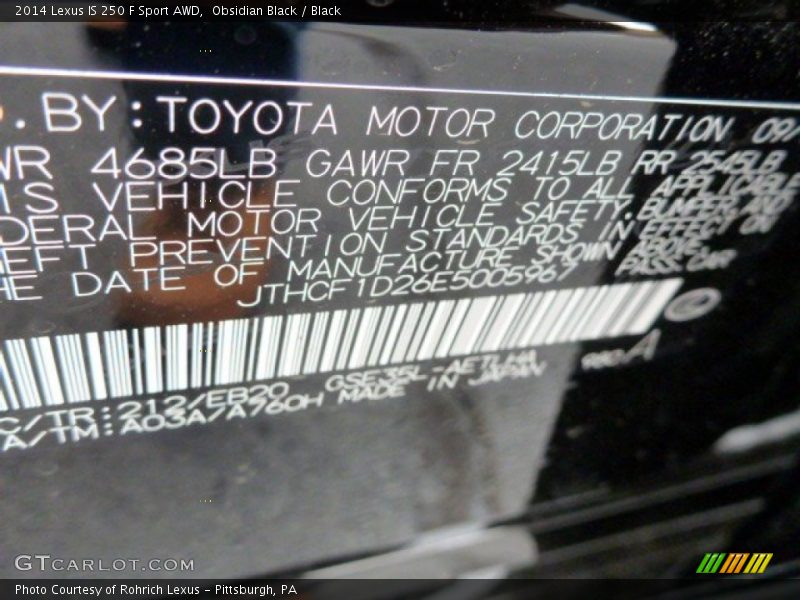 2014 IS 250 F Sport AWD Obsidian Black Color Code 212