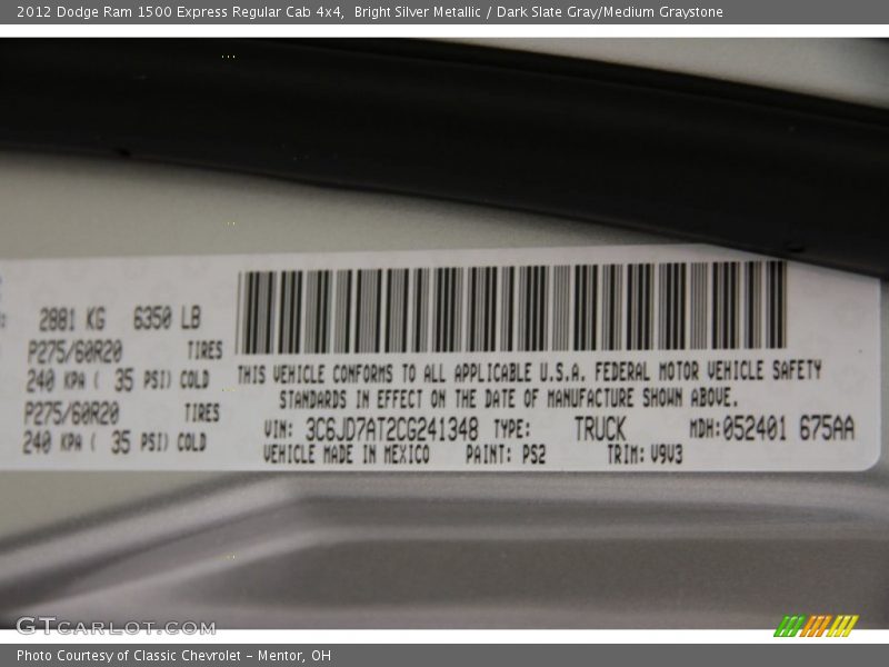 Bright Silver Metallic / Dark Slate Gray/Medium Graystone 2012 Dodge Ram 1500 Express Regular Cab 4x4