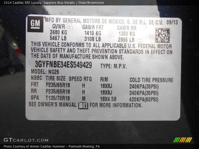 Sapphire Blue Metallic / Shale/Brownstone 2014 Cadillac SRX Luxury