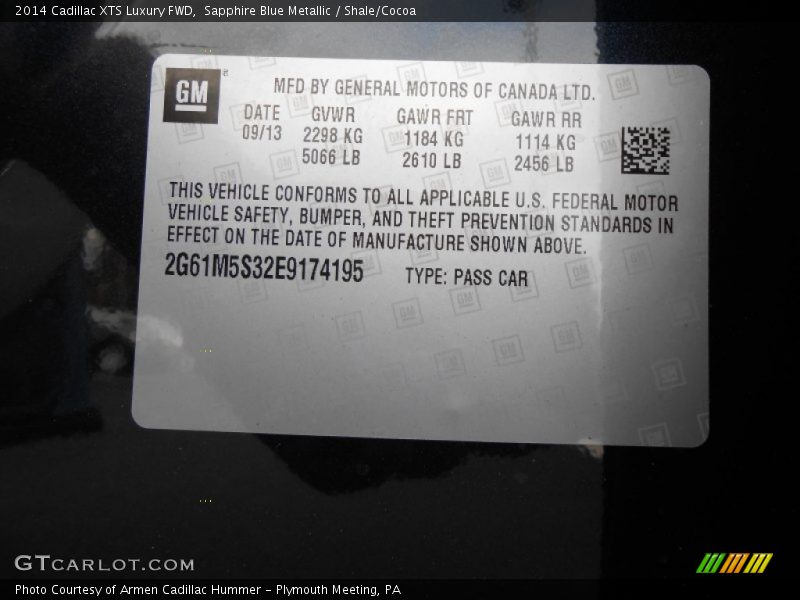 Sapphire Blue Metallic / Shale/Cocoa 2014 Cadillac XTS Luxury FWD