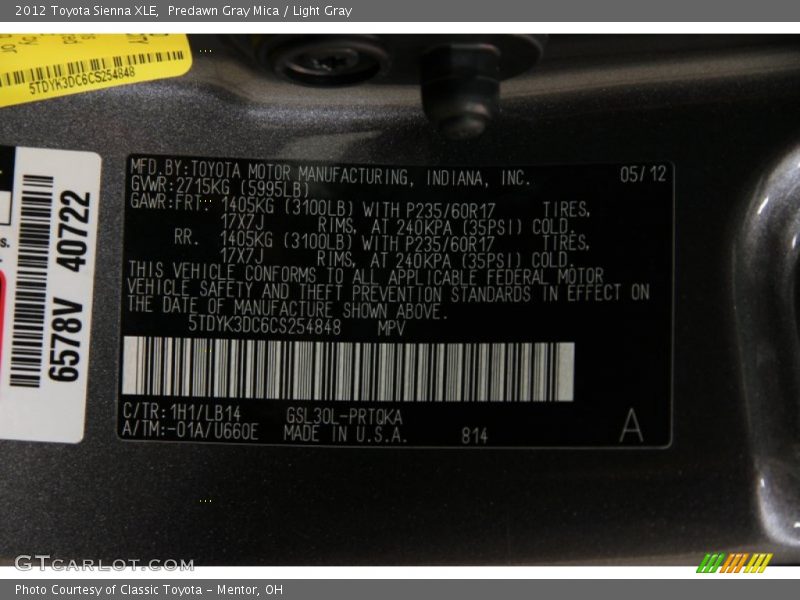 Predawn Gray Mica / Light Gray 2012 Toyota Sienna XLE