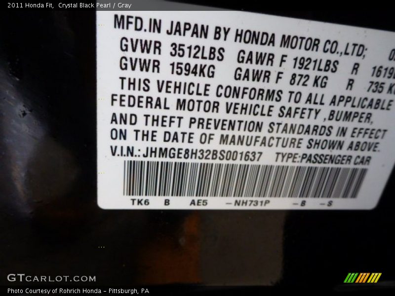 Crystal Black Pearl / Gray 2011 Honda Fit