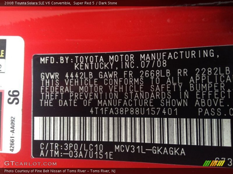 Super Red 5 / Dark Stone 2008 Toyota Solara SLE V6 Convertible
