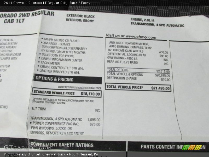  2011 Colorado LT Regular Cab Window Sticker