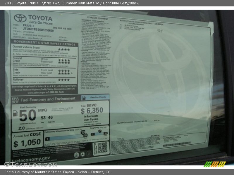 Summer Rain Metallic / Light Blue Gray/Black 2013 Toyota Prius c Hybrid Two