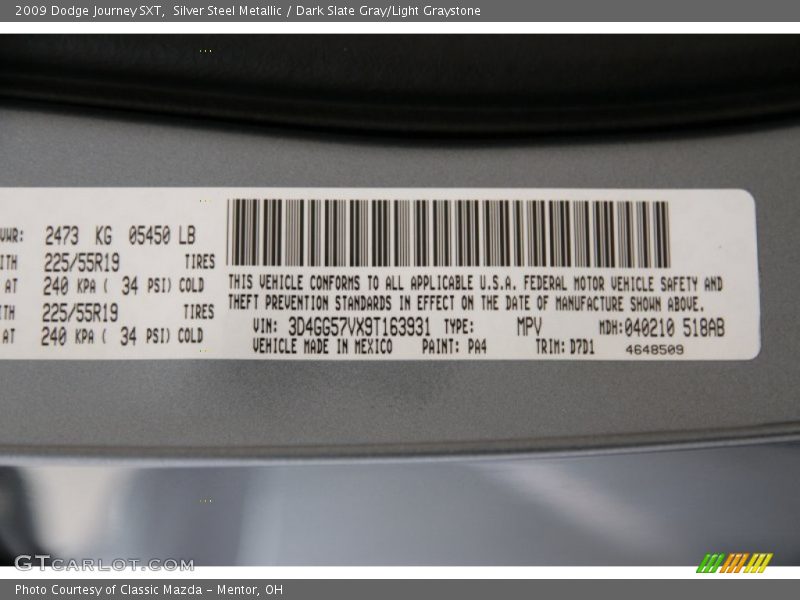 Silver Steel Metallic / Dark Slate Gray/Light Graystone 2009 Dodge Journey SXT