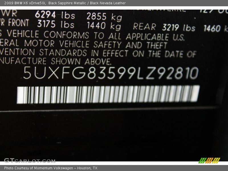 Black Sapphire Metallic / Black Nevada Leather 2009 BMW X6 xDrive50i