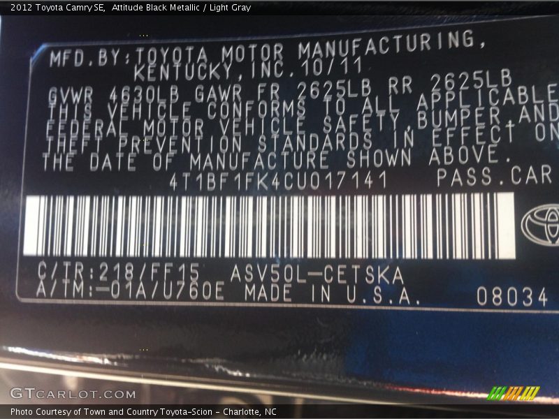 Attitude Black Metallic / Light Gray 2012 Toyota Camry SE