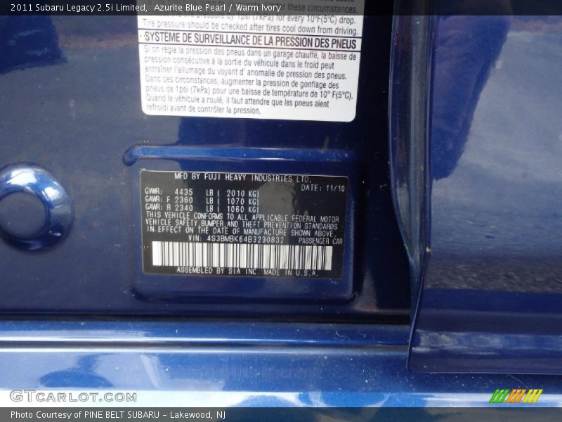 Azurite Blue Pearl / Warm Ivory 2011 Subaru Legacy 2.5i Limited
