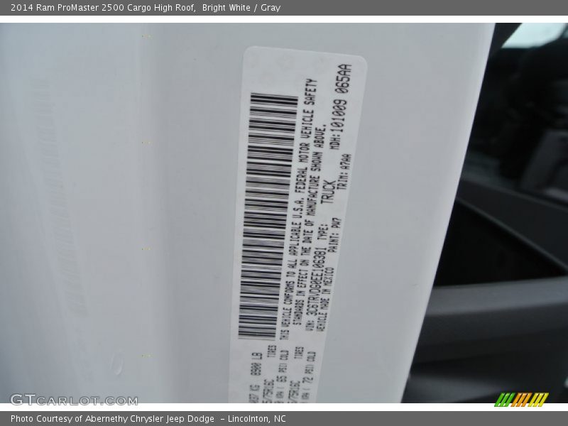 2014 ProMaster 2500 Cargo High Roof Bright White Color Code PW7