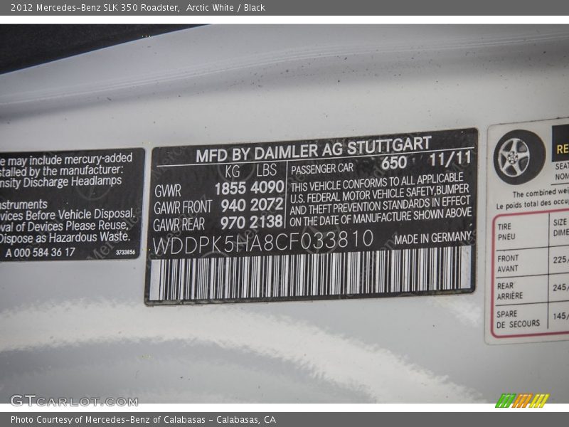 Arctic White / Black 2012 Mercedes-Benz SLK 350 Roadster