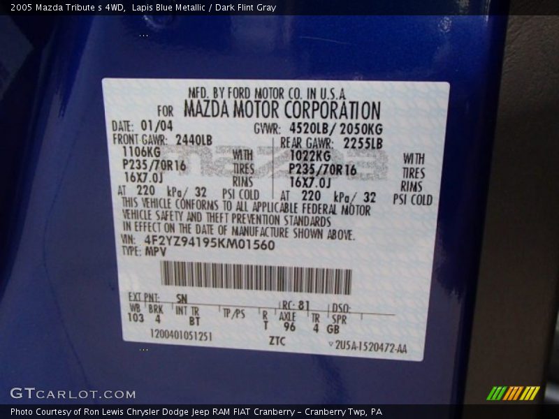Lapis Blue Metallic / Dark Flint Gray 2005 Mazda Tribute s 4WD