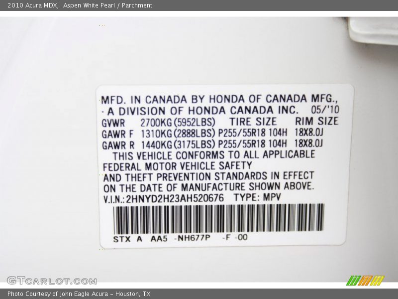 2010 MDX  Aspen White Pearl Color Code NH677P