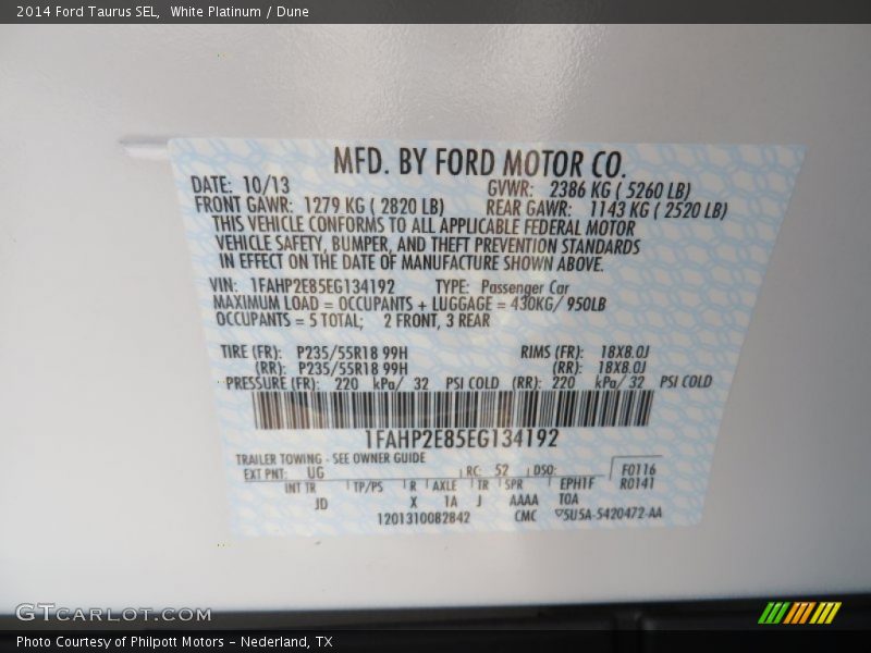 White Platinum / Dune 2014 Ford Taurus SEL