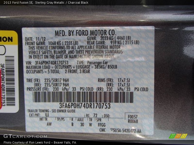 Sterling Gray Metallic / Charcoal Black 2013 Ford Fusion SE