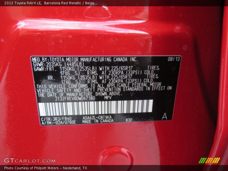 2013 RAV4 LE Barcelona Red Metallic Color Code 3R3