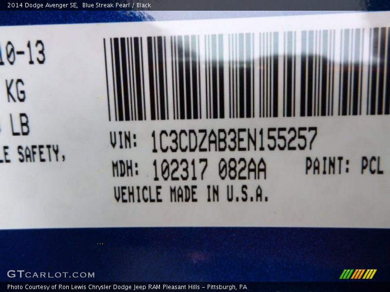 2014 Avenger SE Blue Streak Pearl Color Code PCL