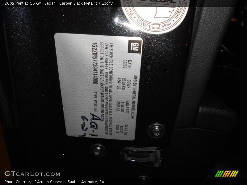 Carbon Black Metallic / Ebony 2009 Pontiac G6 GXP Sedan