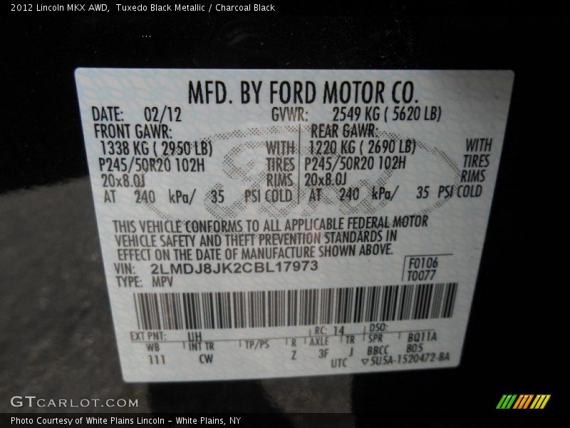 Tuxedo Black Metallic / Charcoal Black 2012 Lincoln MKX AWD