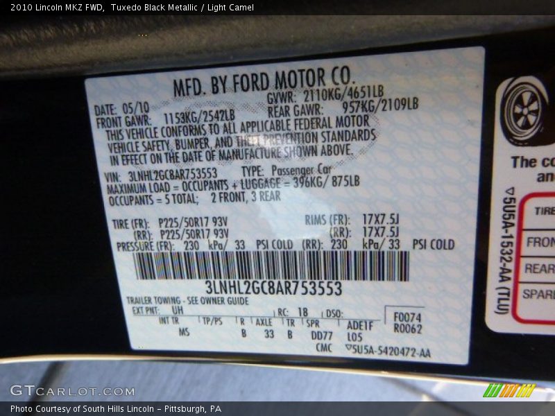 Tuxedo Black Metallic / Light Camel 2010 Lincoln MKZ FWD