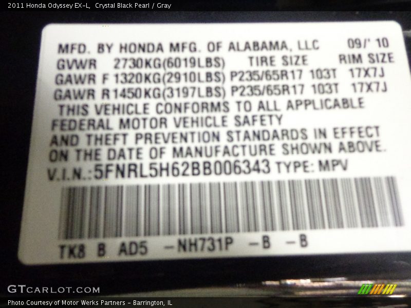 Crystal Black Pearl / Gray 2011 Honda Odyssey EX-L
