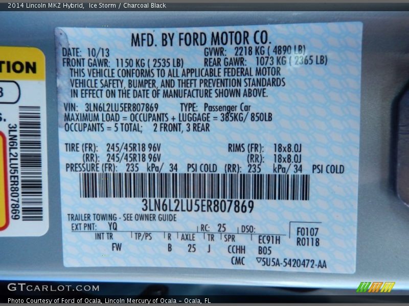 2014 MKZ Hybrid Ice Storm Color Code YQ