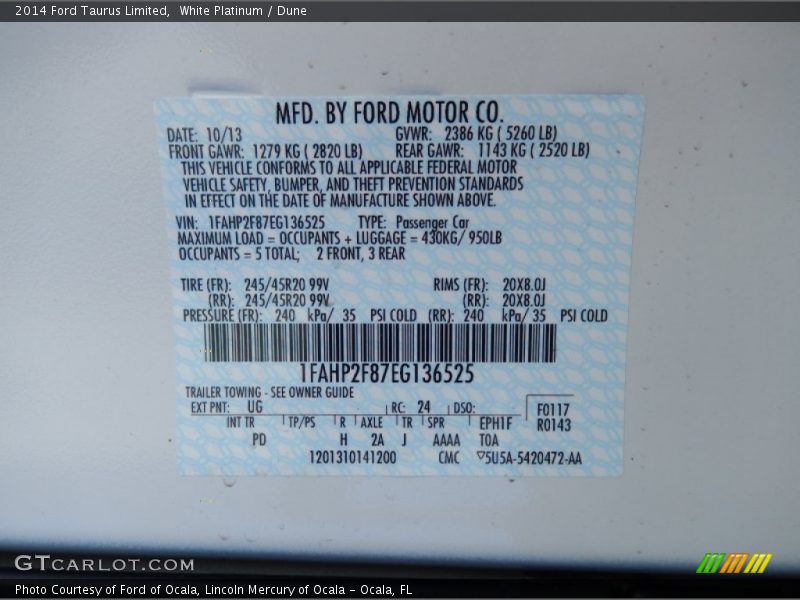 2014 Taurus Limited White Platinum Color Code UG
