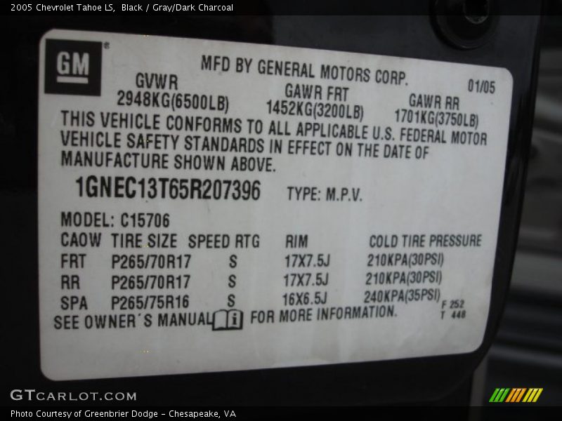 Black / Gray/Dark Charcoal 2005 Chevrolet Tahoe LS