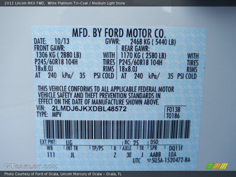 White Platinum Tri-Coat / Medium Light Stone 2013 Lincoln MKX FWD