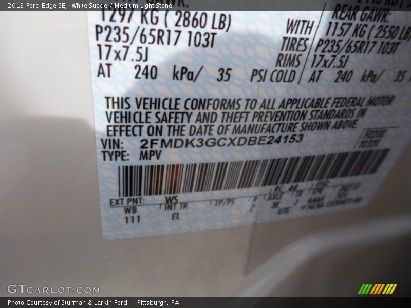 White Suede / Medium Light Stone 2013 Ford Edge SE