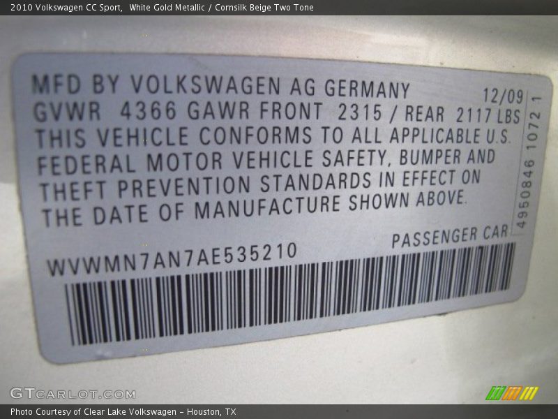 White Gold Metallic / Cornsilk Beige Two Tone 2010 Volkswagen CC Sport