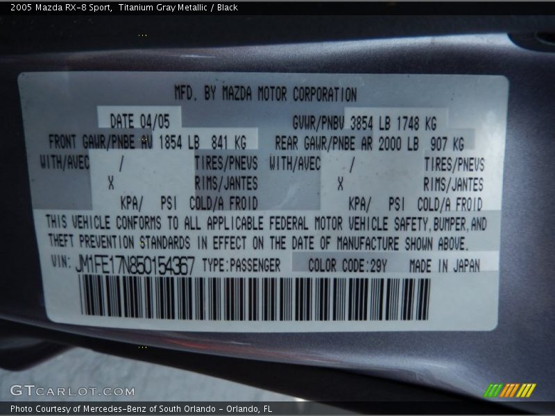 2005 RX-8 Sport Titanium Gray Metallic Color Code 29Y