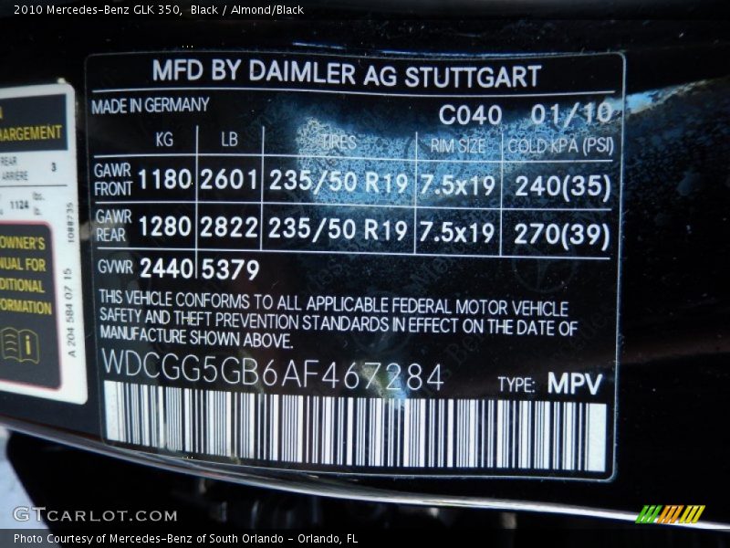 Black / Almond/Black 2010 Mercedes-Benz GLK 350