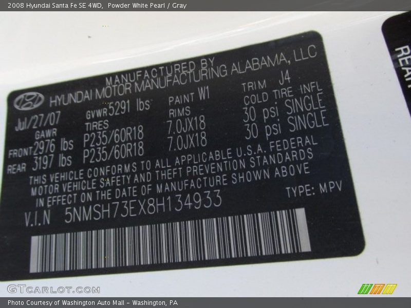 Powder White Pearl / Gray 2008 Hyundai Santa Fe SE 4WD