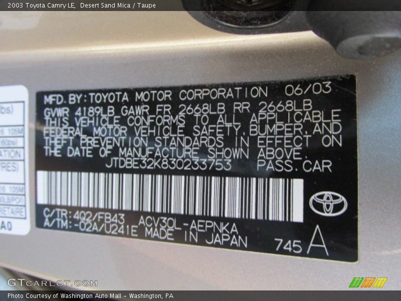 Desert Sand Mica / Taupe 2003 Toyota Camry LE