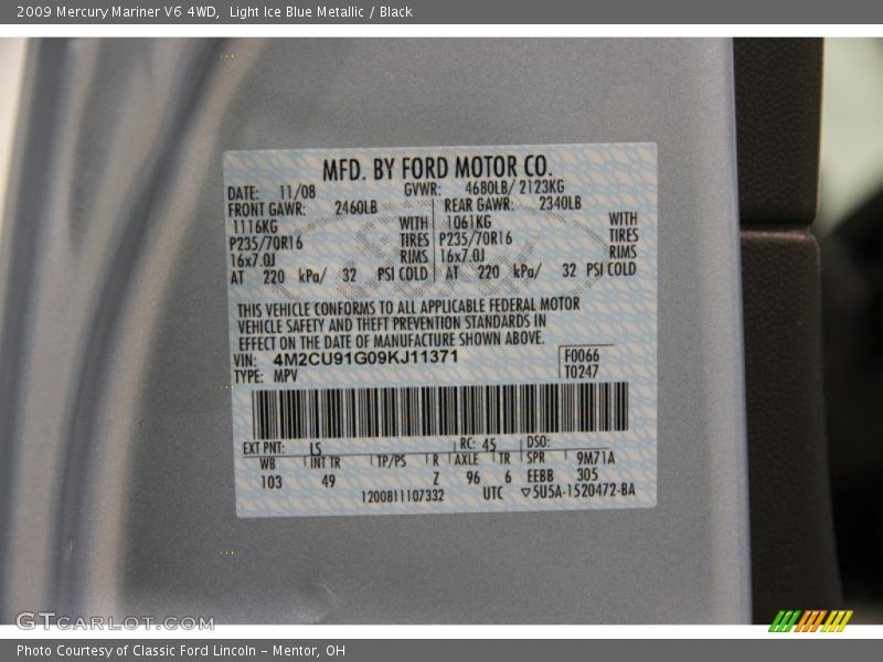 2009 Mariner V6 4WD Light Ice Blue Metallic Color Code LS