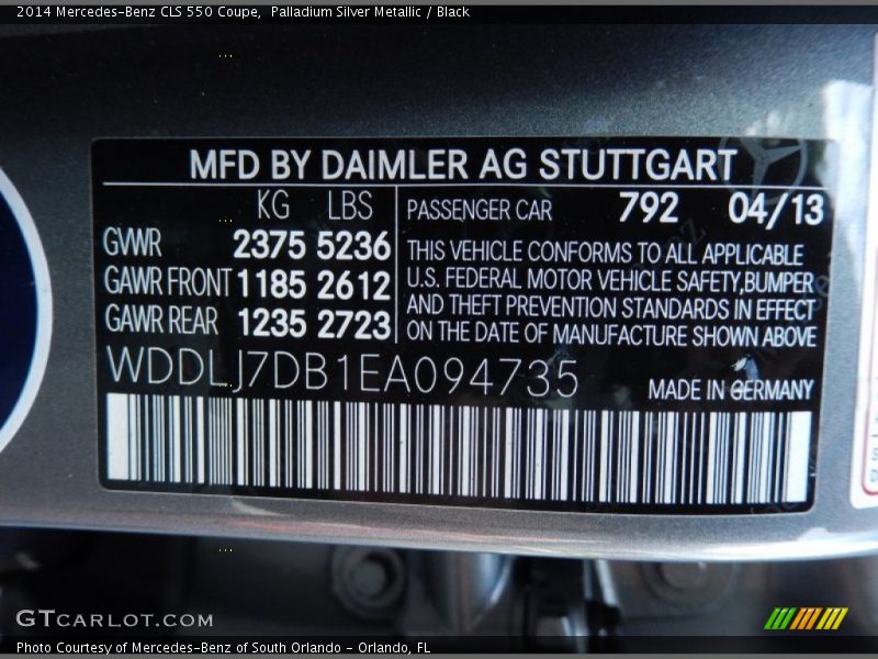 Palladium Silver Metallic / Black 2014 Mercedes-Benz CLS 550 Coupe