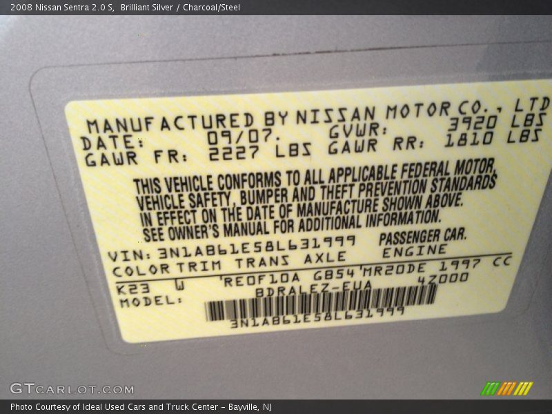 Brilliant Silver / Charcoal/Steel 2008 Nissan Sentra 2.0 S