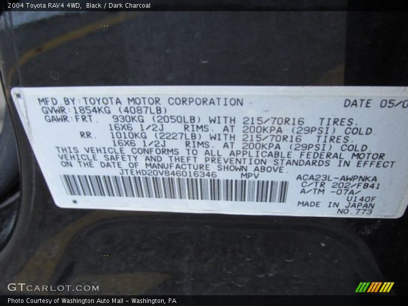 Black / Dark Charcoal 2004 Toyota RAV4 4WD