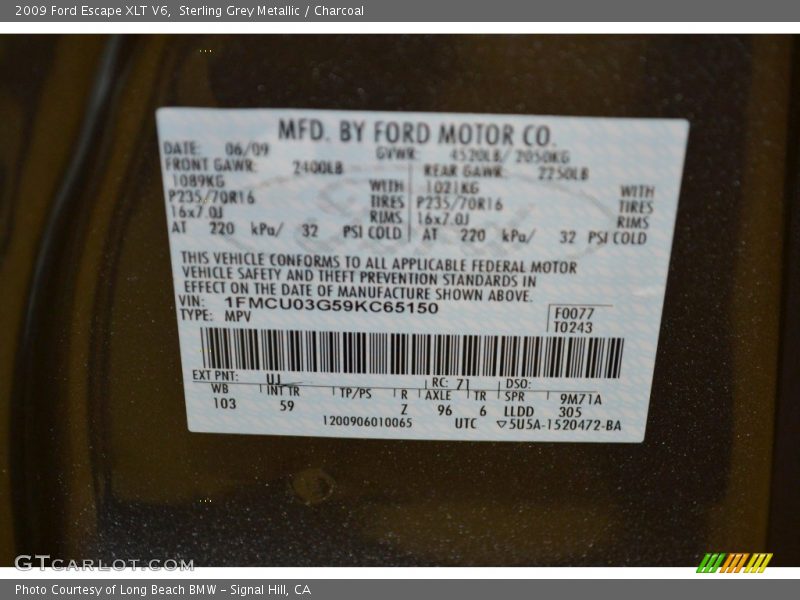 Sterling Grey Metallic / Charcoal 2009 Ford Escape XLT V6