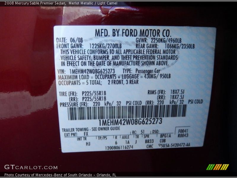 2008 Sable Premier Sedan Merlot Metallic Color Code FX