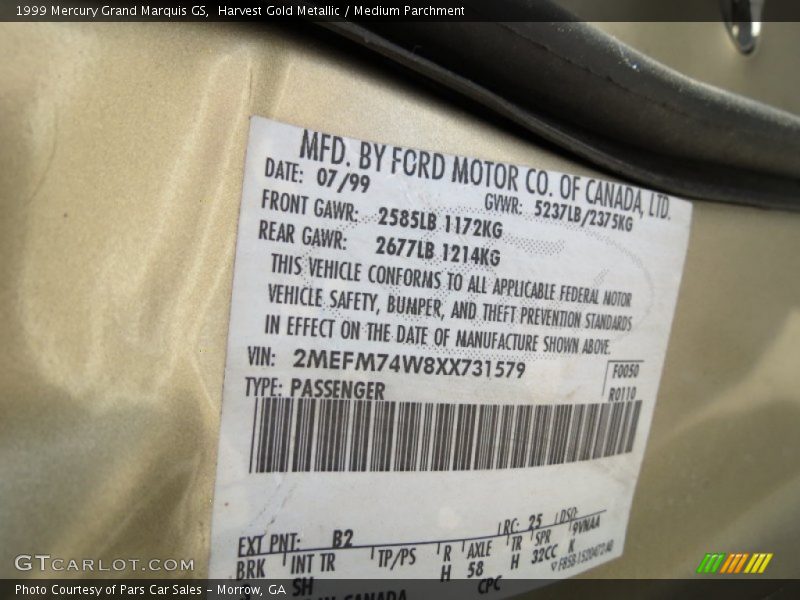 Harvest Gold Metallic / Medium Parchment 1999 Mercury Grand Marquis GS