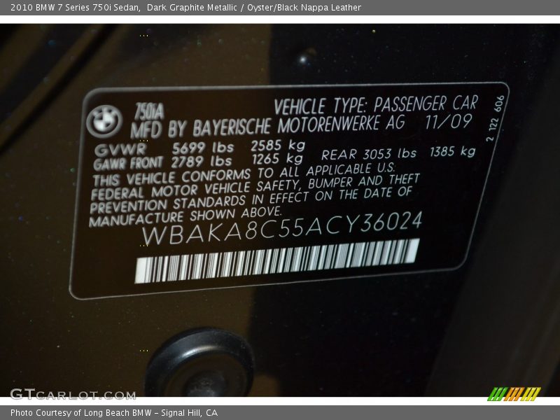 Dark Graphite Metallic / Oyster/Black Nappa Leather 2010 BMW 7 Series 750i Sedan