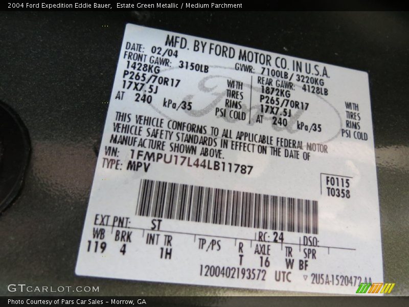 2004 Expedition Eddie Bauer Estate Green Metallic Color Code ST