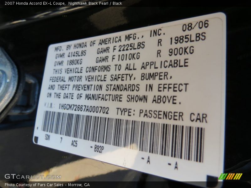Nighthawk Black Pearl / Black 2007 Honda Accord EX-L Coupe