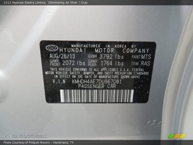 Shimmering Air Silver / Gray 2013 Hyundai Elantra Limited