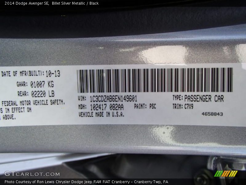 Billet Silver Metallic / Black 2014 Dodge Avenger SE