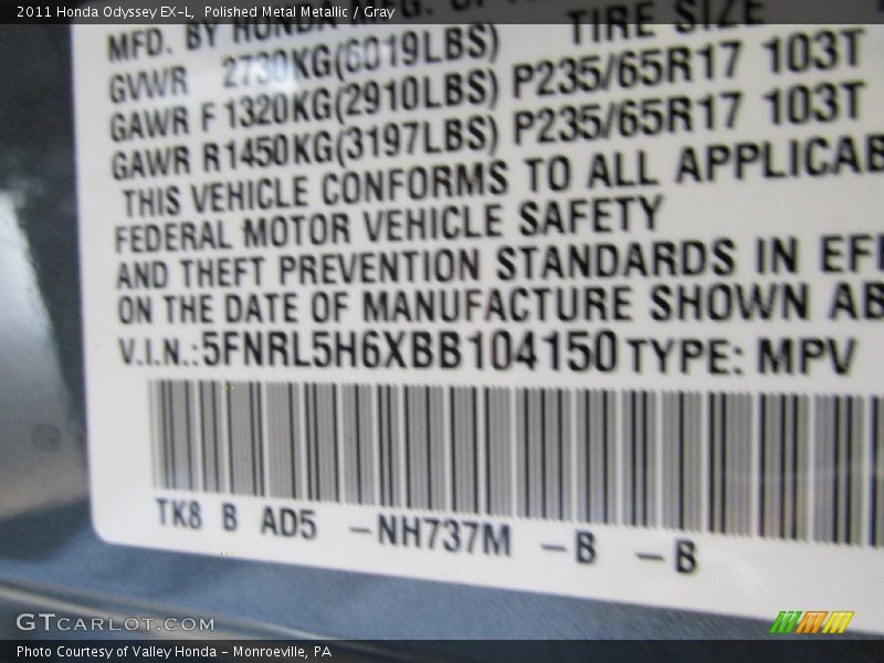 Polished Metal Metallic / Gray 2011 Honda Odyssey EX-L